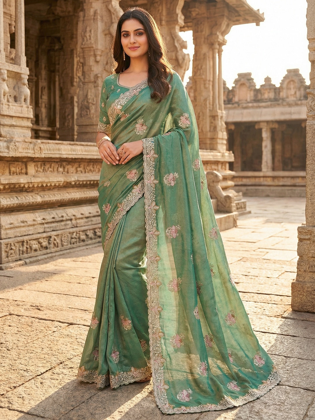 Sea Green Shimmer Saree with Embroidered Floral Design and Detailed Craft Finish - Image 1