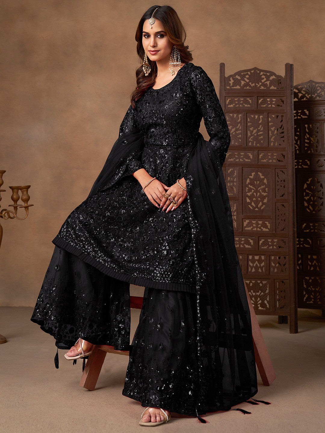 Black Net Embroidered Semi Sticthed Sharara Suit Set with Timeless Embroidery Design - Image 5