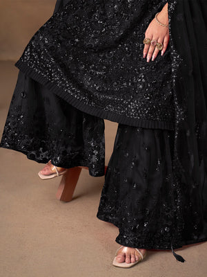 Black Net Embroidered Semi Sticthed Sharara Suit Set with Timeless Embroidery Design - Image 2