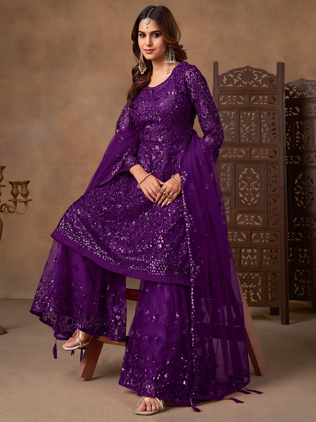 Purple Net Embroidered Semi Sticthed Sharara Suit Set with Timeless Embroidery Design - Image 5
