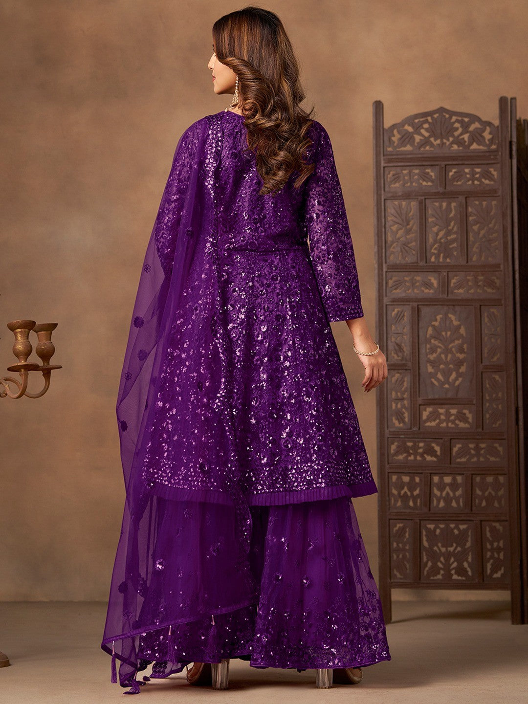 Purple Net Embroidered Semi Sticthed Sharara Suit Set with Timeless Embroidery Design - Image 4