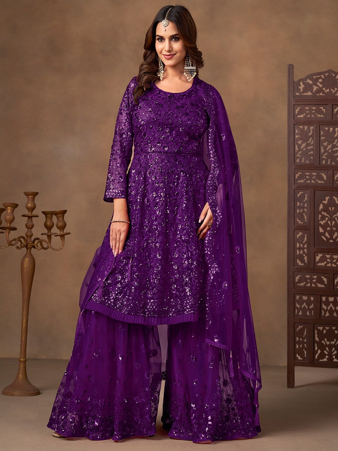 Purple Net Embroidered Semi Sticthed Sharara Suit Set with Timeless Embroidery Design - Image 3