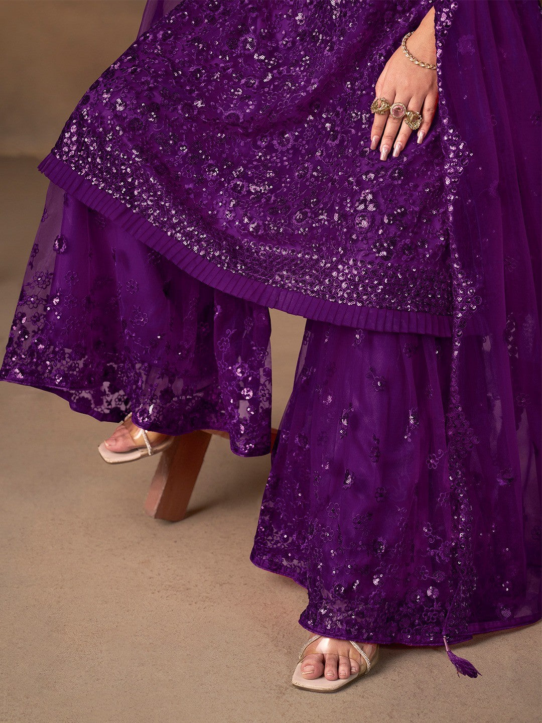 Purple Net Embroidered Semi Sticthed Sharara Suit Set with Timeless Embroidery Design - Image 2