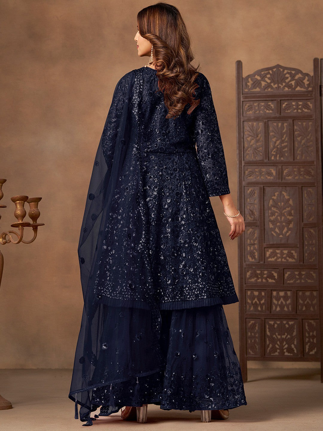Blue Net Embroidered Semi Sticthed Sharara Suit Set with Timeless Embroidery Design - Image 4