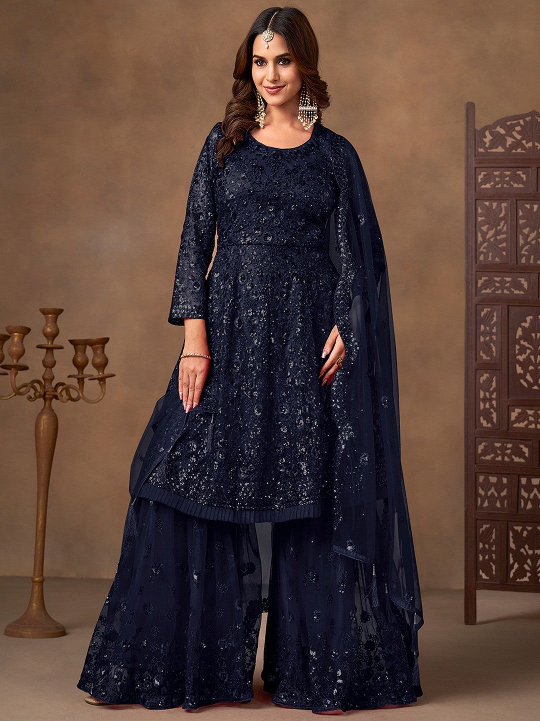 Blue Net Embroidered Semi Sticthed Sharara Suit Set with Timeless Embroidery Design - Image 3
