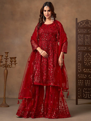 Red Net Embroidered Semi Sticthed Sharara Suit Set with Timeless Embroidery Design - Image 1