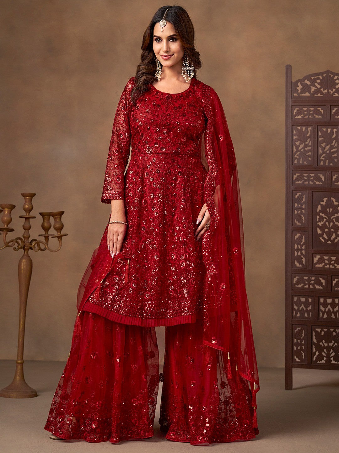 Red Net Embroidered Semi Sticthed Sharara Suit Set with Timeless Embroidery Design - Image 3