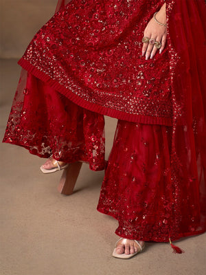 Red Net Embroidered Semi Sticthed Sharara Suit Set with Timeless Embroidery Design - Image 2
