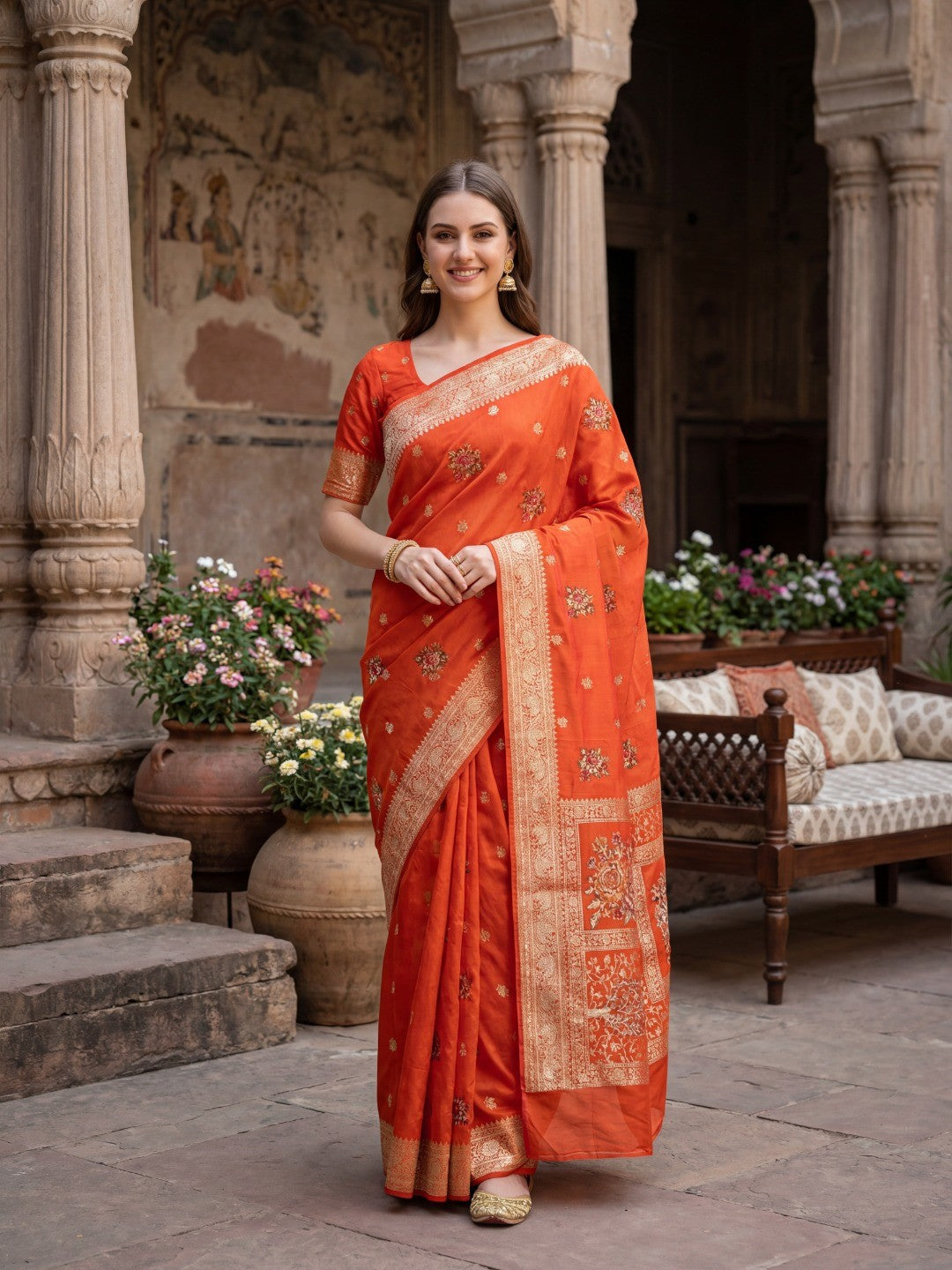 Sophisticated Orange Floral Meenakari Woven Viscose Saree With Subtle Traditional Charm - Image 1