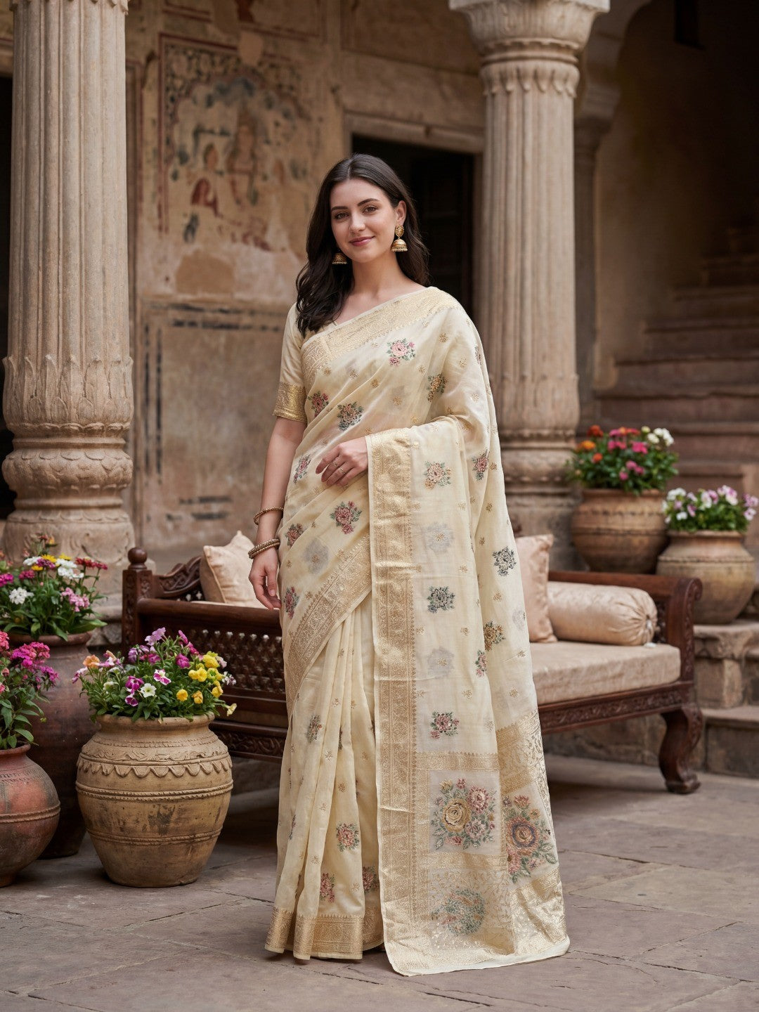 Sophisticated Cream Floral Meenakari Woven Viscose Saree With Subtle Traditional Charm - Image 1