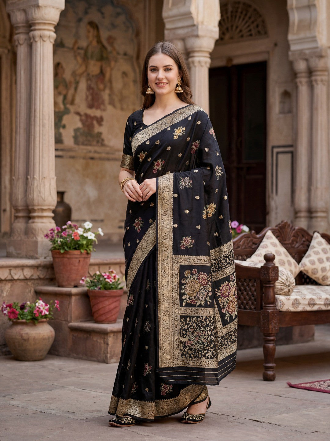 Sophisticated Black Floral Meenakari Woven Viscose Saree With Subtle Traditional Charm - Image 1