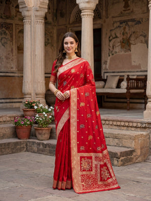 Sophisticated Red Floral Meenakari Woven Viscose Saree With Subtle Traditional Charm - Image 1