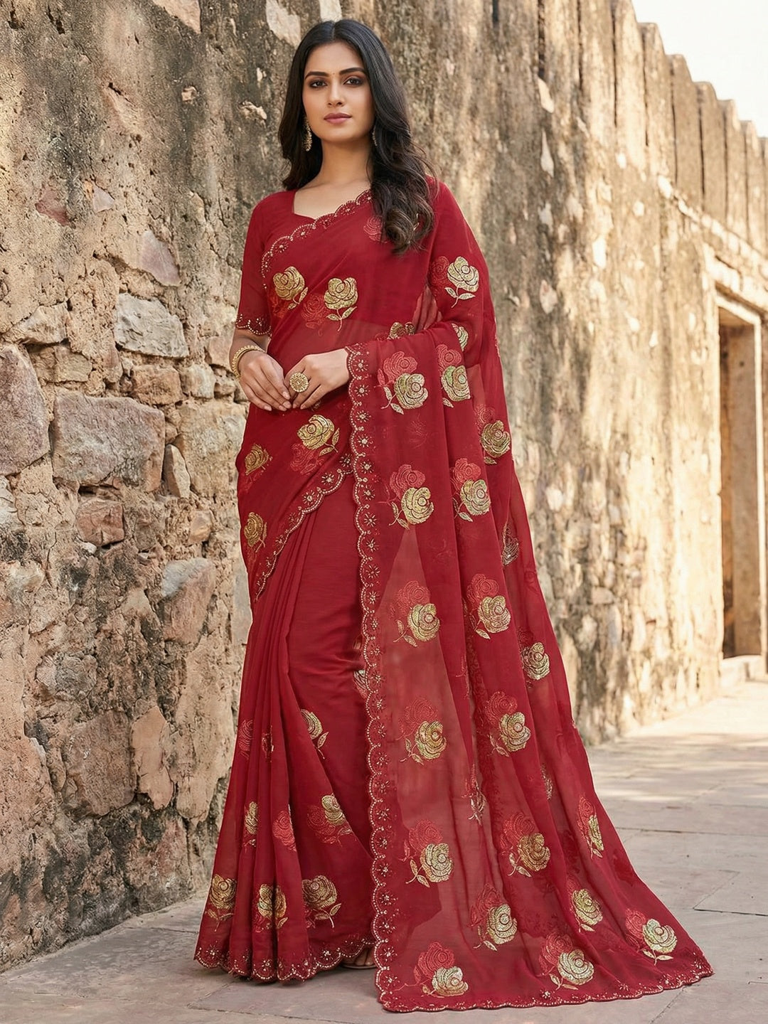 Maroon Chiffon Saree with Floral Embroidery and Stone Work Embellished Border - Image 1