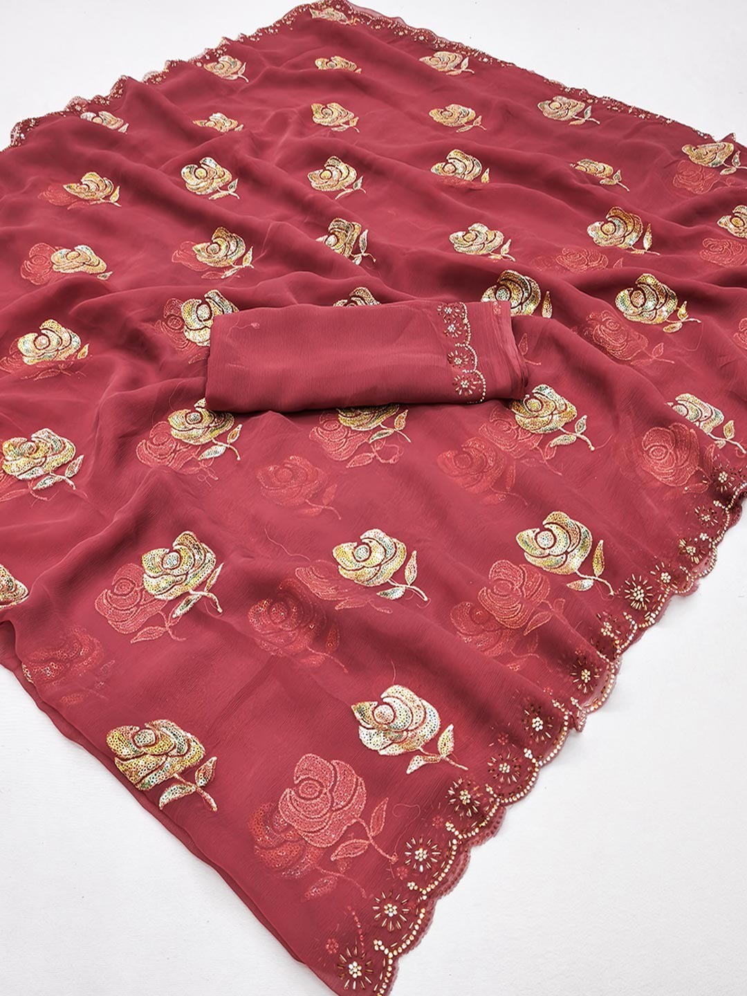 Maroon Chiffon Saree with Floral Embroidery and Stone Work Embellished Border - Image 2