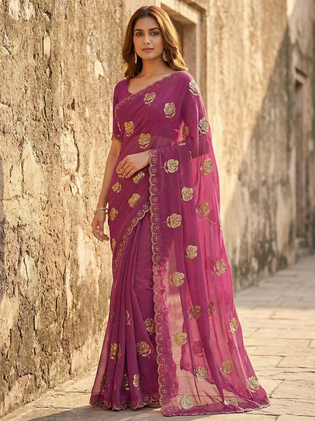 Magenta Chiffon Saree with Floral Embroidery and Stone Work Embellished Border - Image 1