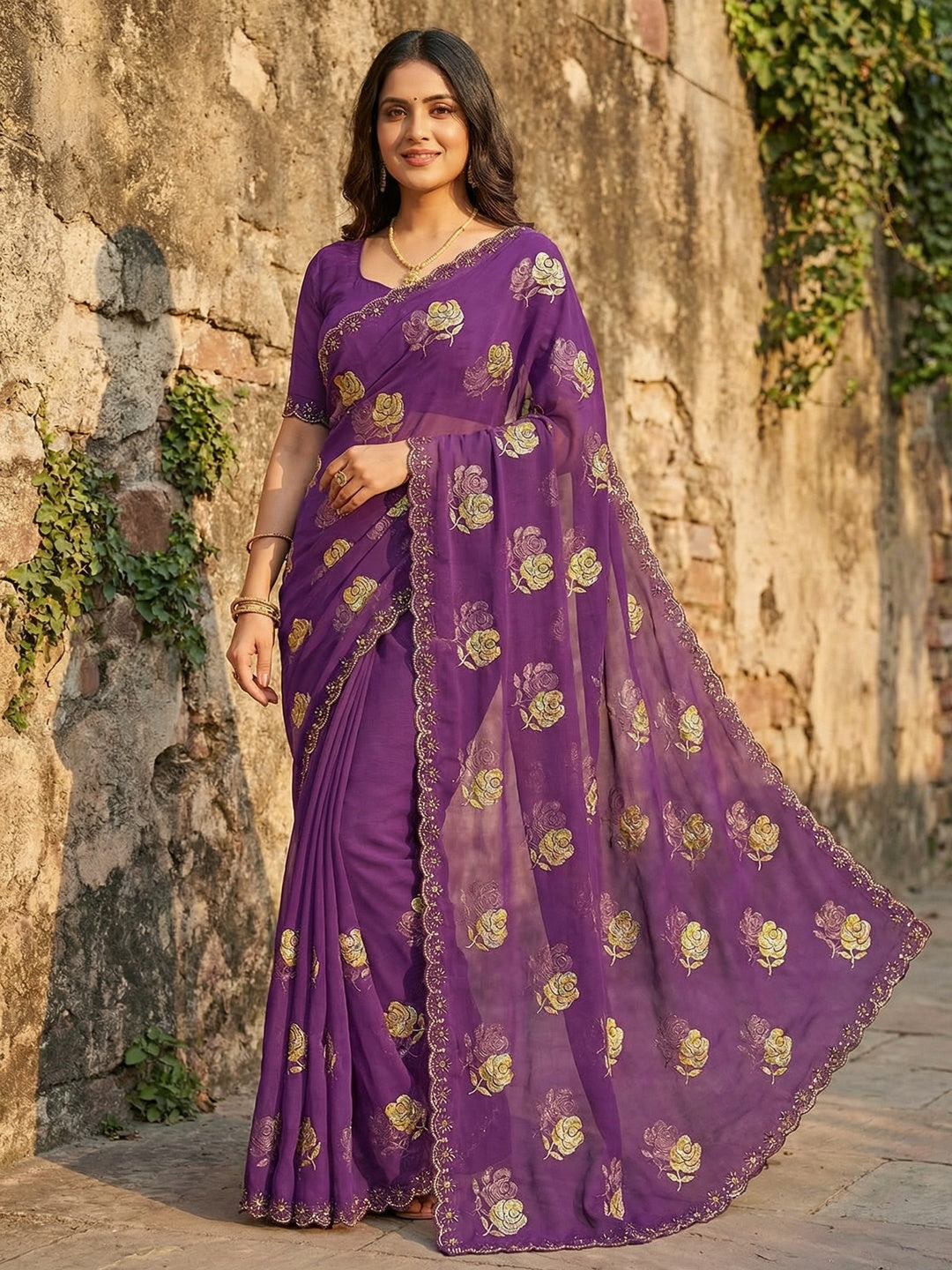 Purple Chiffon Saree with Floral Embroidery and Stone Work Embellished Border - Image 1