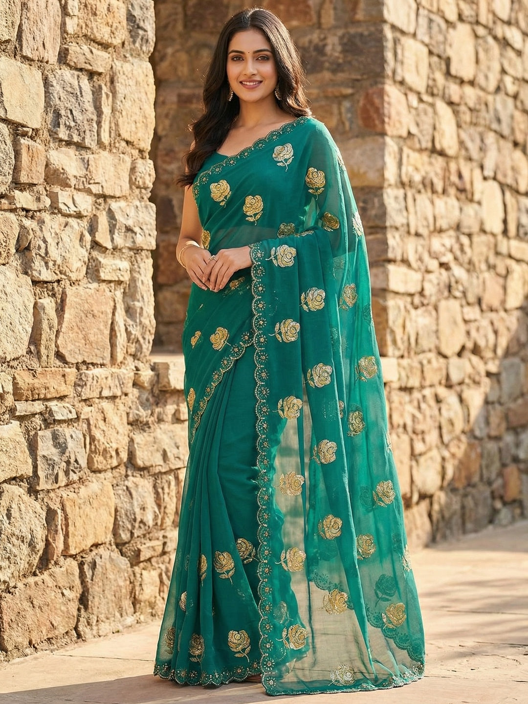 Rama Green Chiffon Saree with Floral Embroidery and Stone Work Embellished Border - Image 1