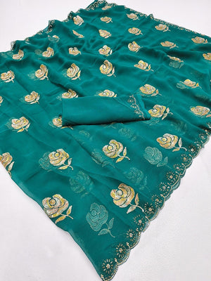Rama Green Chiffon Saree with Floral Embroidery and Stone Work Embellished Border - Image 2