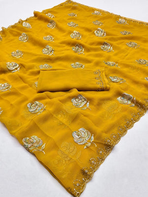 Mustard Chiffon Saree with Floral Embroidery and Stone Work Embellished Border - Image 2