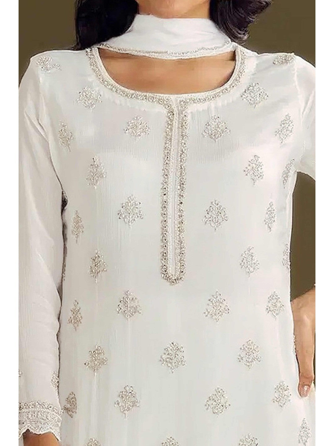 Premium White Floral Embroidery With Sequins Work Chinon Semi Stitched Salwar Suit - Image 4