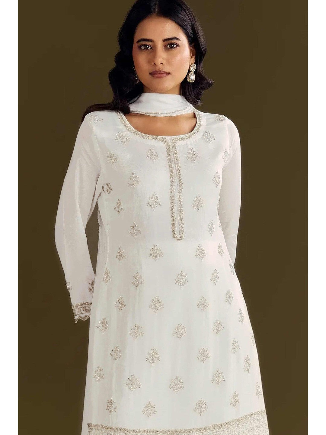 Premium White Floral Embroidery With Sequins Work Chinon Semi Stitched Salwar Suit - Image 3