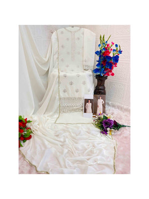 Premium White Floral Embroidery With Sequins Work Chinon Semi Stitched Salwar Suit - Image 2