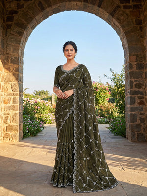 Mehendi Green Chiffon Saree with Delicate Sequins Embellishments and Fine Craft Detailing - Image 1