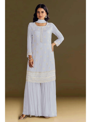 Premium Lavender Floral Embroidery With Sequins Work Chinon Semi Stitched Salwar Suit - Image 1