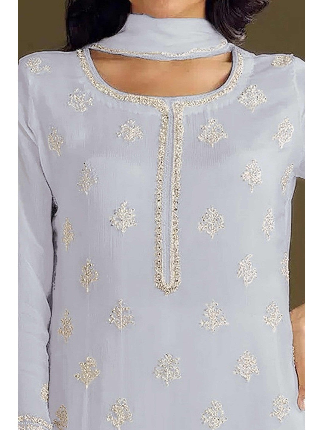 Premium Lavender Floral Embroidery With Sequins Work Chinon Semi Stitched Salwar Suit - Image 4