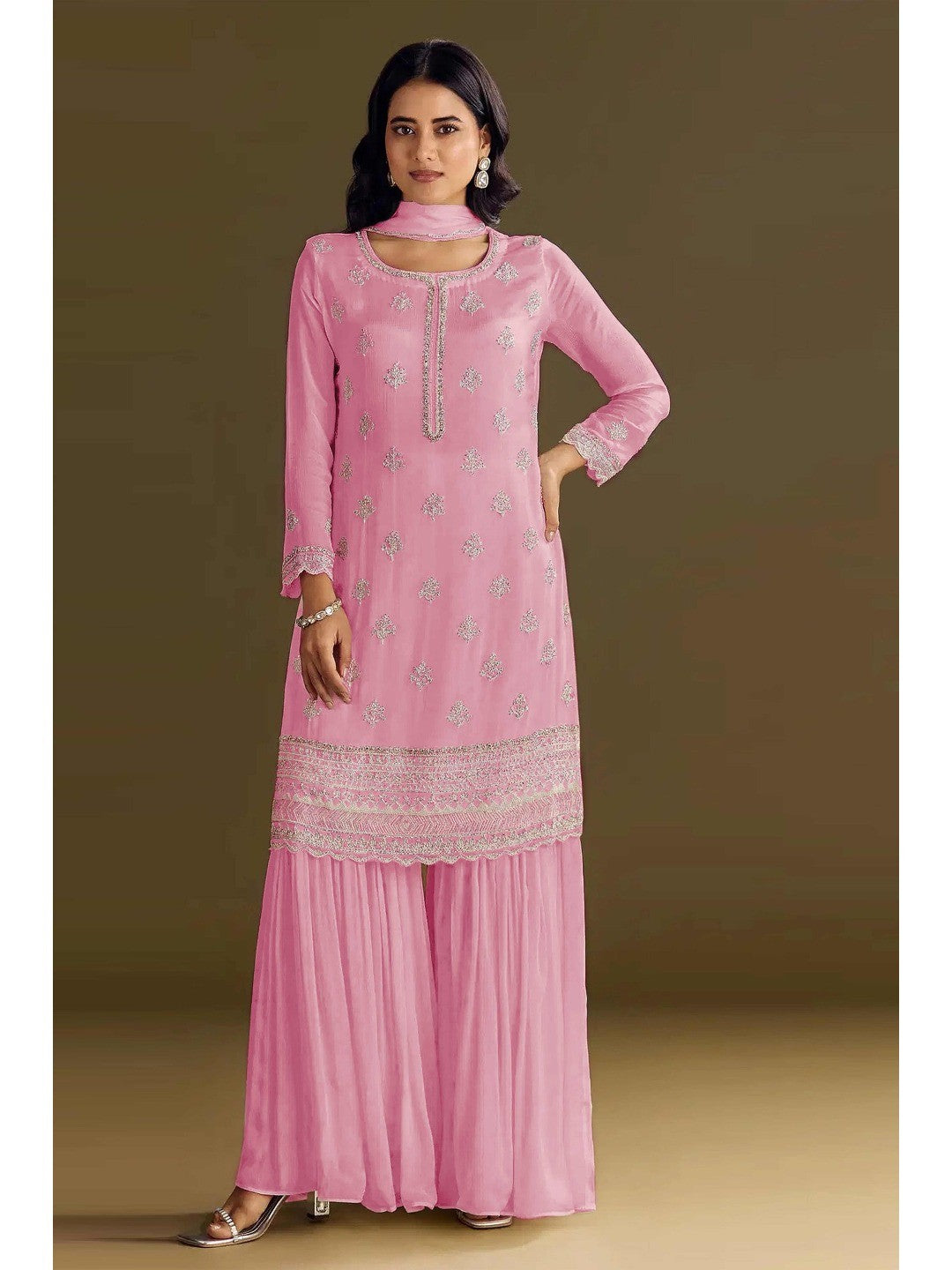 Premium Baby Pink Floral Embroidery With Sequins Work Chinon Semi Stitched Salwar Suit - Image 1