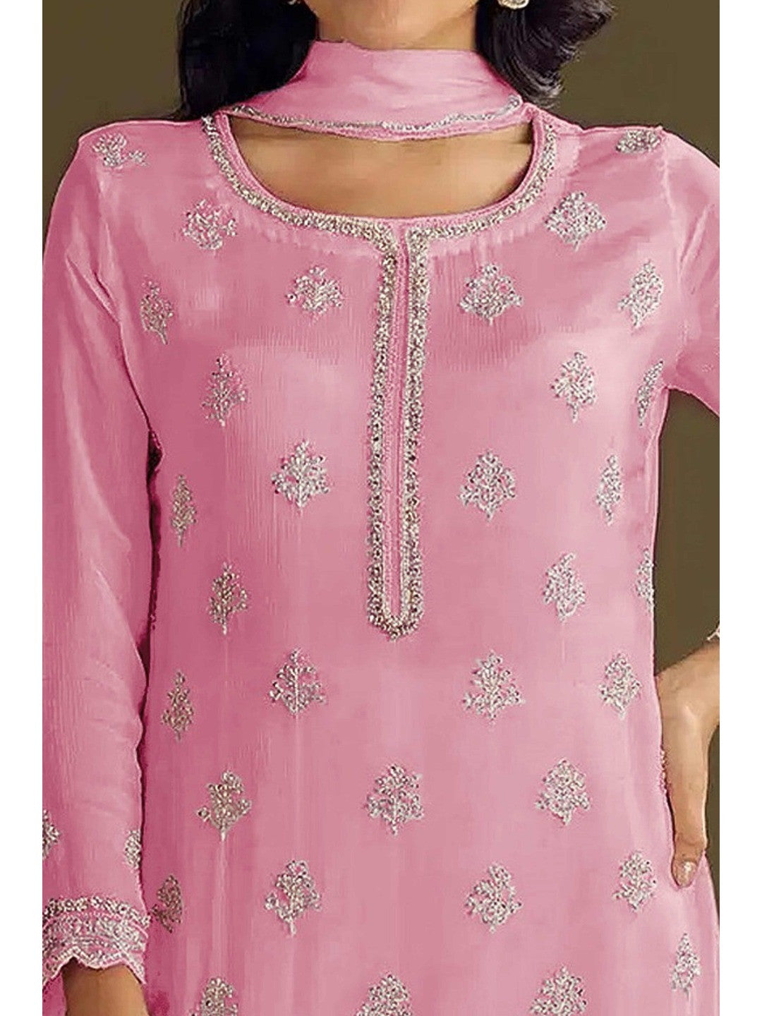 Premium Baby Pink Floral Embroidery With Sequins Work Chinon Semi Stitched Salwar Suit - Image 4