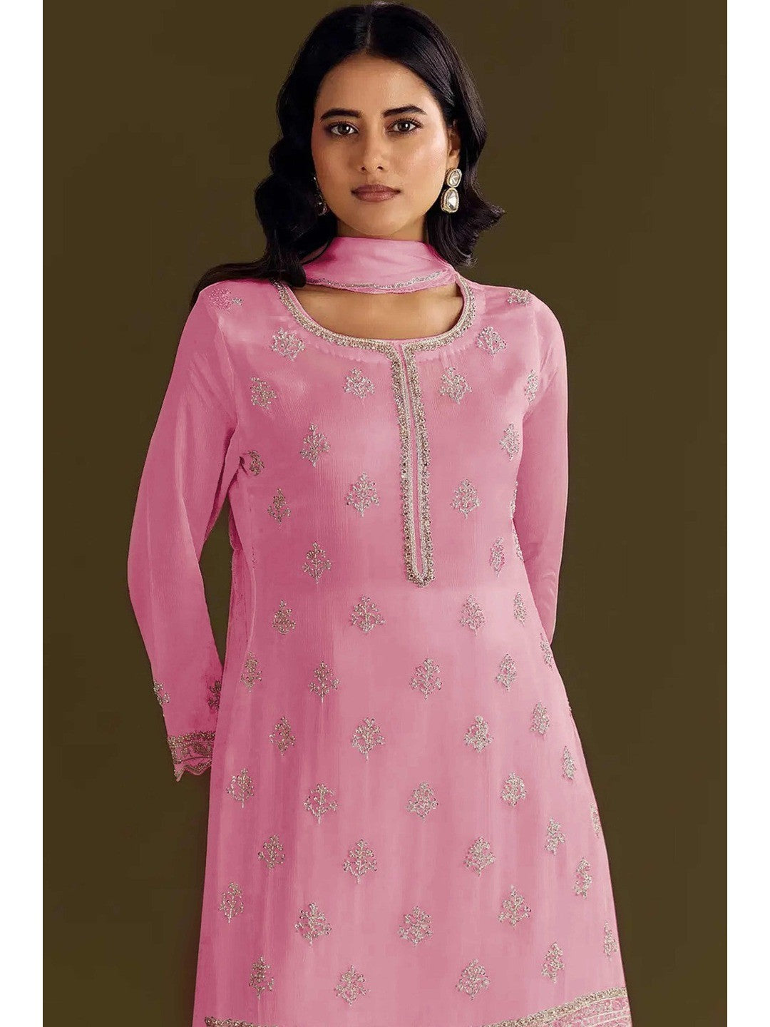 Premium Baby Pink Floral Embroidery With Sequins Work Chinon Semi Stitched Salwar Suit - Image 3