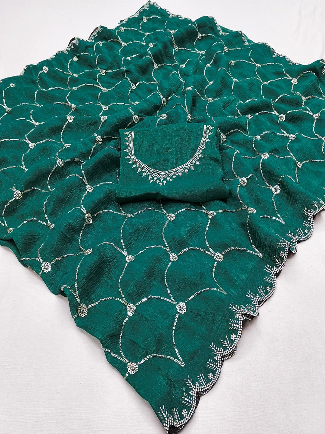 Emerald Green Chiffon Saree with Delicate Sequins Embellishments and Fine Craft Detailing - Image 2