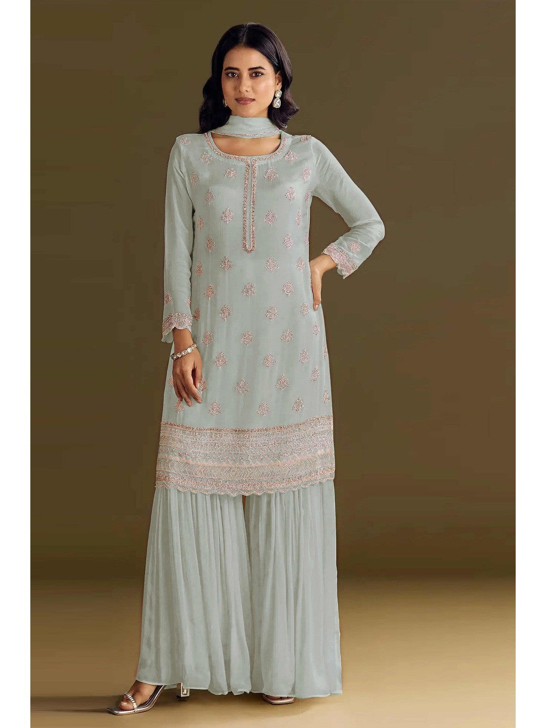 Premium Light Pista Green Floral Embroidery With Sequins Work Chinon Semi Stitched Salwar Suit - Image 1