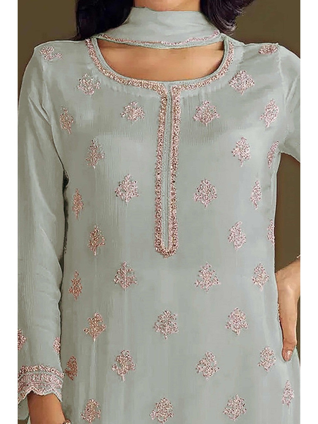 Premium Light Pista Green Floral Embroidery With Sequins Work Chinon Semi Stitched Salwar Suit - Image 4