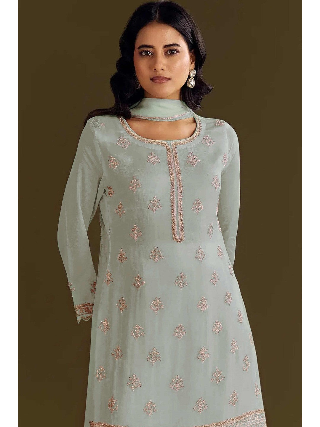 Premium Light Pista Green Floral Embroidery With Sequins Work Chinon Semi Stitched Salwar Suit - Image 3