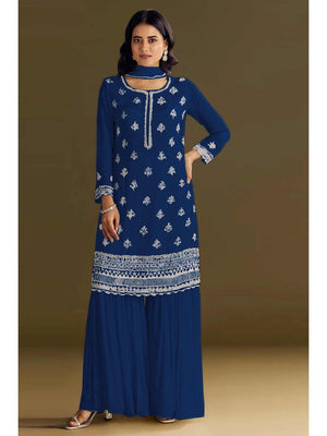 Premium Blue Floral Embroidery With Sequins Work Chinon Semi Stitched Salwar Suit - Image 1