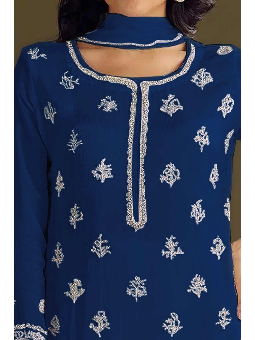 Premium Blue Floral Embroidery With Sequins Work Chinon Semi Stitched Salwar Suit - Image 3