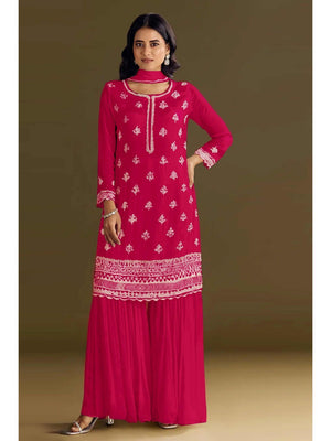 Premium Rani Pink Floral Embroidery With Sequins Work Chinon Semi Stitched Salwar Suit - Image 1