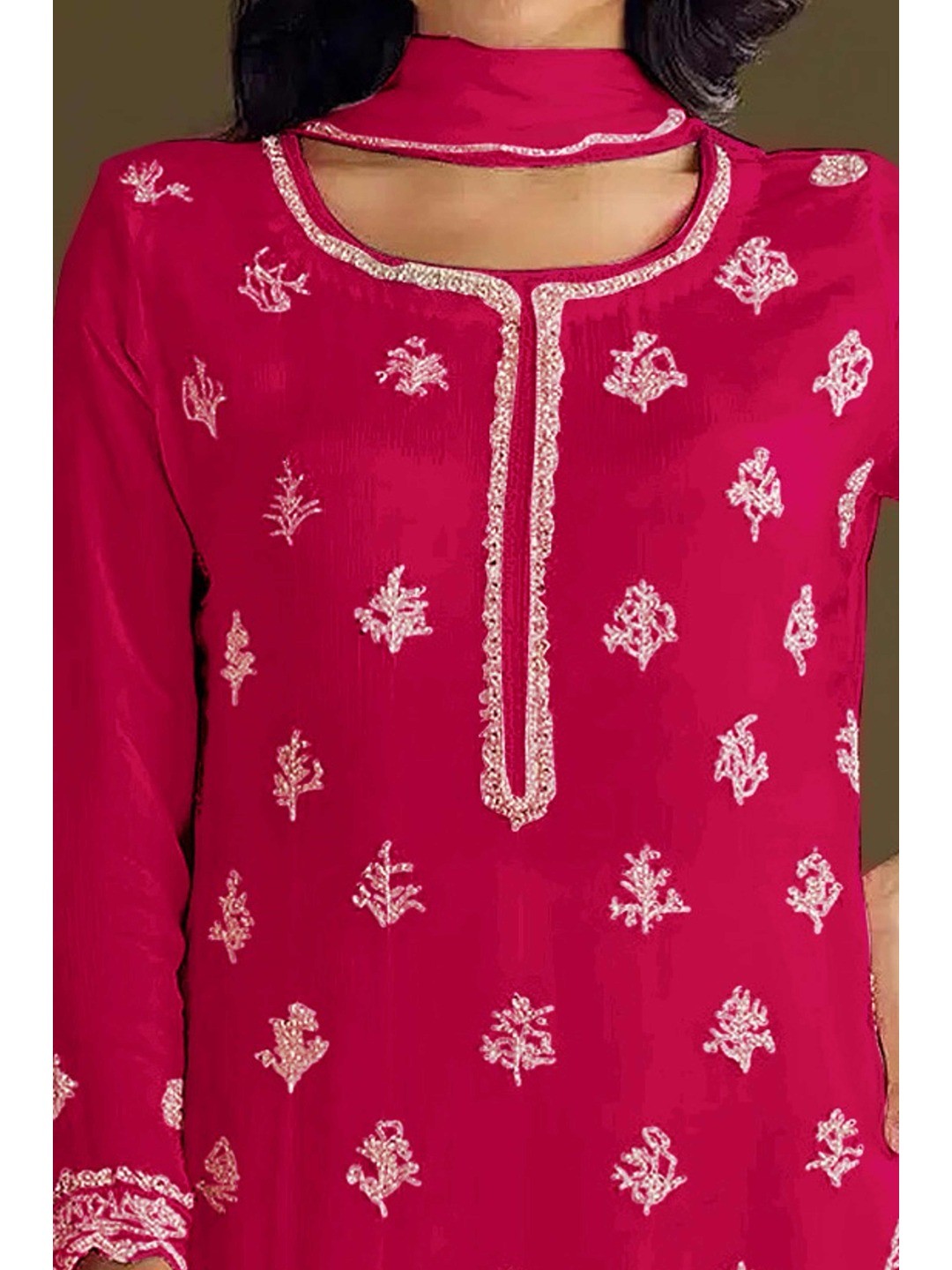Premium Rani Pink Floral Embroidery With Sequins Work Chinon Semi Stitched Salwar Suit - Image 3