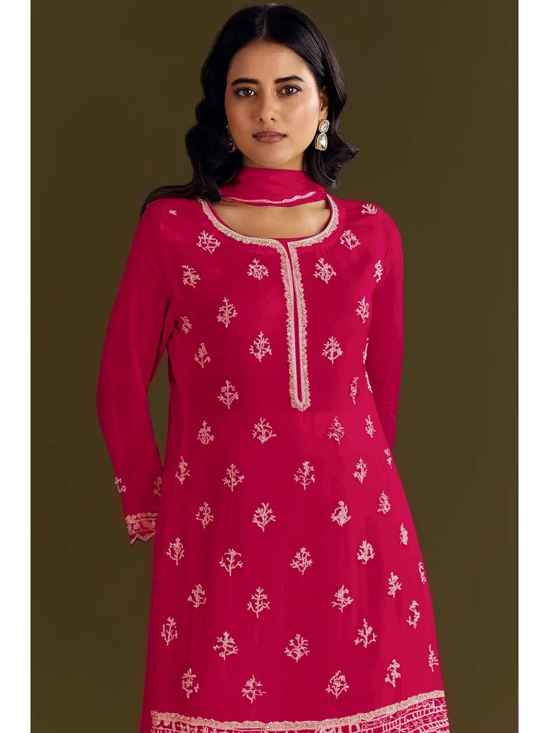 Premium Rani Pink Floral Embroidery With Sequins Work Chinon Semi Stitched Salwar Suit - Image 4