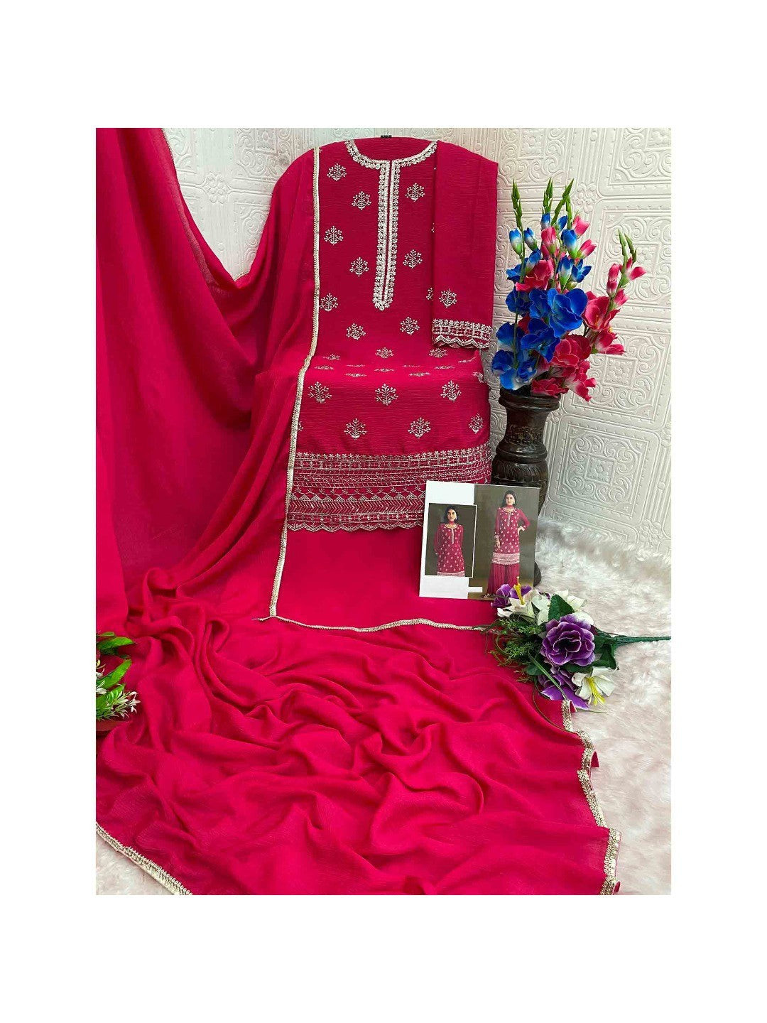 Premium Rani Pink Floral Embroidery With Sequins Work Chinon Semi Stitched Salwar Suit - Image 2
