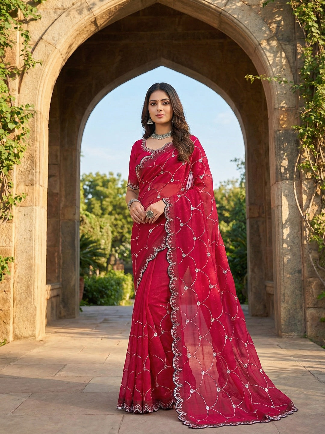 Pink Chiffon Saree with Delicate Sequins Embellishments and Fine Craft Detailing - Image 1