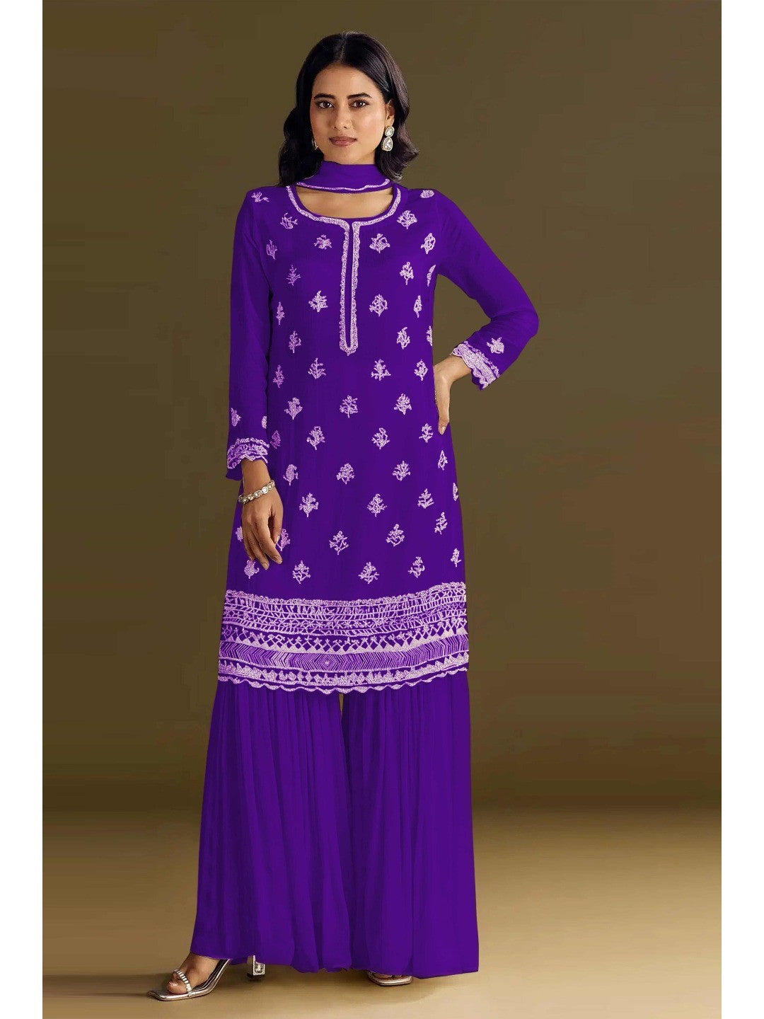 Premium Purple Floral Embroidery With Sequins Work Chinon Semi Stitched Salwar Suit - Image 1