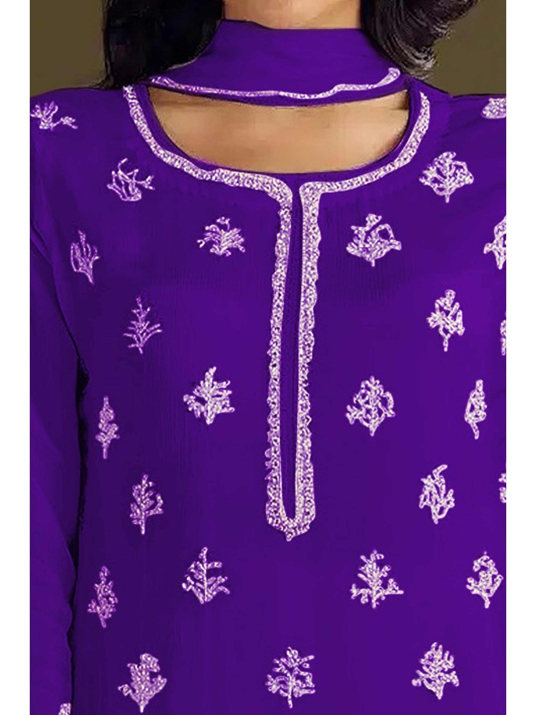 Premium Purple Floral Embroidery With Sequins Work Chinon Semi Stitched Salwar Suit - Image 3