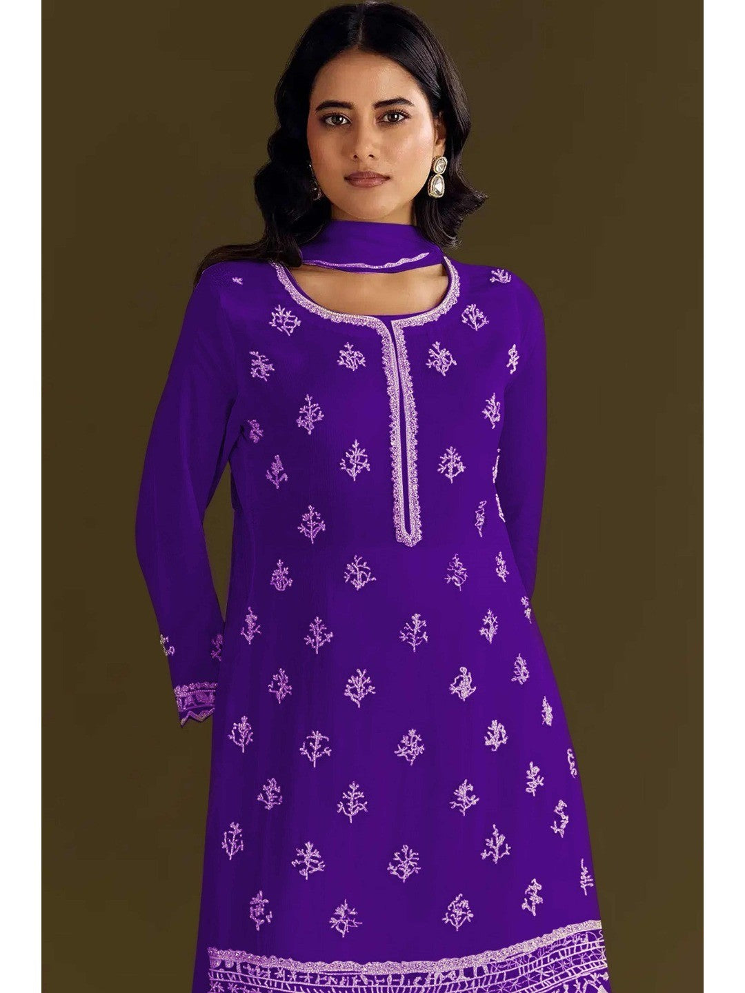 Premium Purple Floral Embroidery With Sequins Work Chinon Semi Stitched Salwar Suit - Image 4
