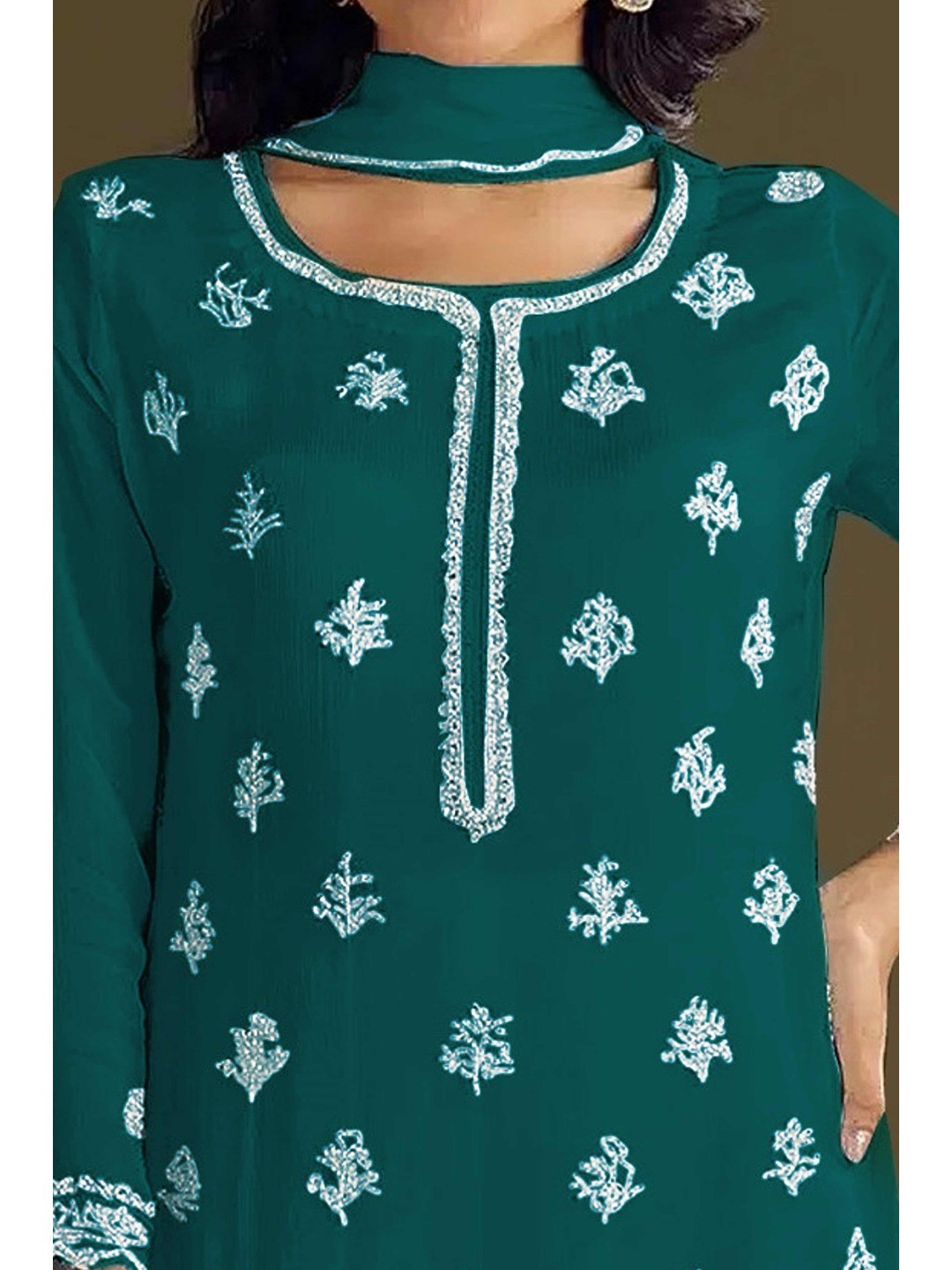 Premium Teal Floral Embroidery With Sequins Work Chinon Semi Stitched Salwar Suit - Image 3