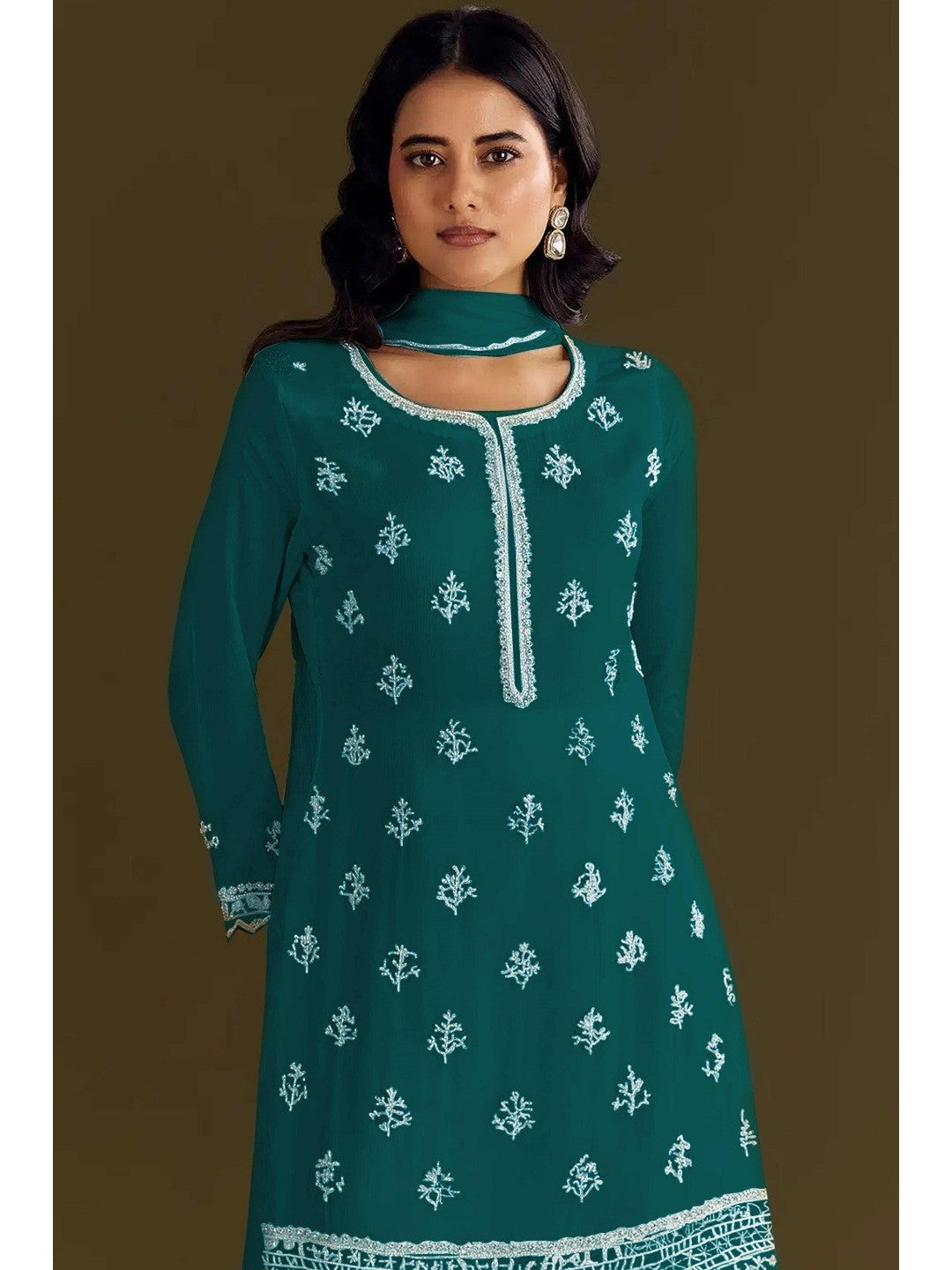 Premium Teal Floral Embroidery With Sequins Work Chinon Semi Stitched Salwar Suit - Image 4