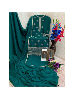 Premium Teal Floral Embroidery With Sequins Work Chinon Semi Stitched Salwar Suit - Image 2