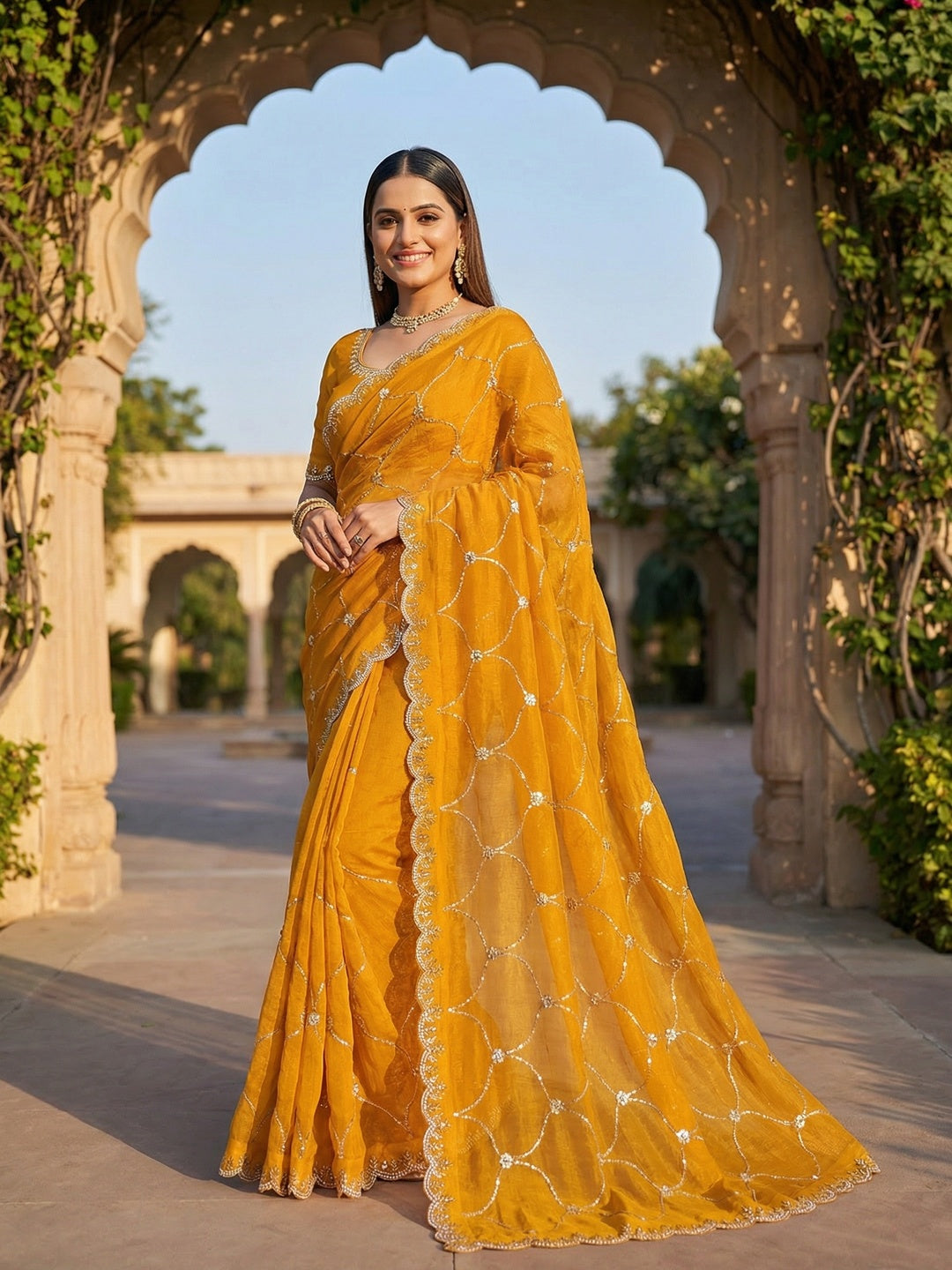 Mustard Chiffon Saree with Delicate Sequins Embellishments and Fine Craft Detailing - Image 1